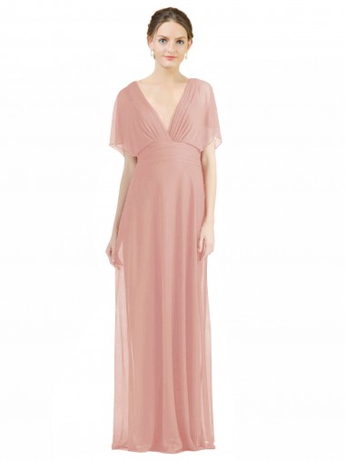 Mangas Curtas Decote V Costas em V Chiffon Linha A Bliss Longo Vestidos de Madrinha