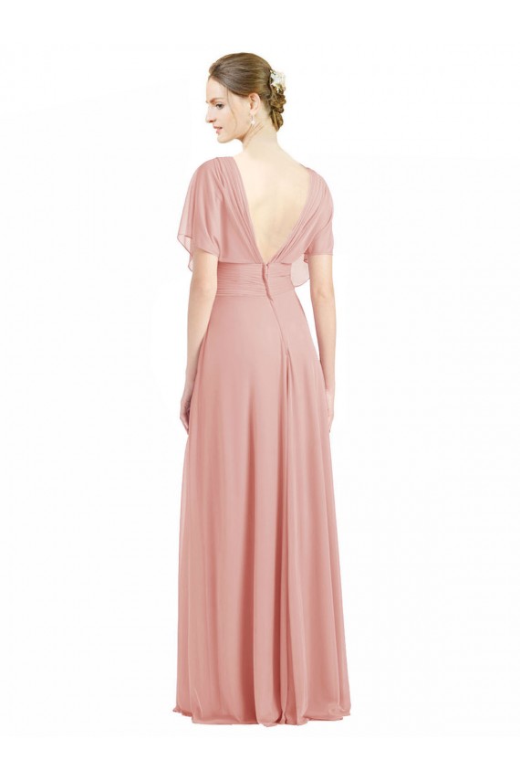 Mangas Curtas Decote V Costas em V Chiffon Linha A Bliss Longo Vestidos de Madrinha