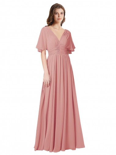 Mangas Esvoaçantes Decote V Costas em V Chiffon Linha A Bliss Longo Vestidos de Madrinha