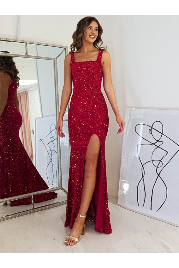 Sem Mangas Decote Quadrado Lantejoulas Veludo Bainha Vestidos de Festa