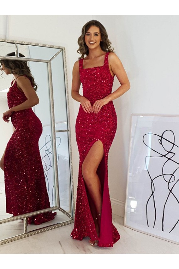 Sem Mangas Decote Quadrado Lantejoulas Veludo Bainha Vestidos de Festa