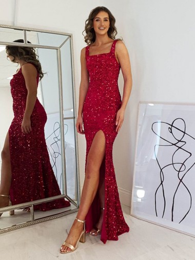 Sem Mangas Decote Quadrado Lantejoulas Veludo Bainha Vestidos de Festa
