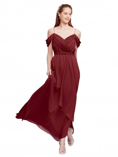 Sem Mangas Fora do Ombro Chiffon Bainha Longo Borgonha Vestidos de Madrinha