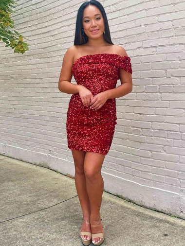 Sem Mangas Um Ombro Lantejoulas Veludo Bainha Borgonha Curto Vestidos de Festa