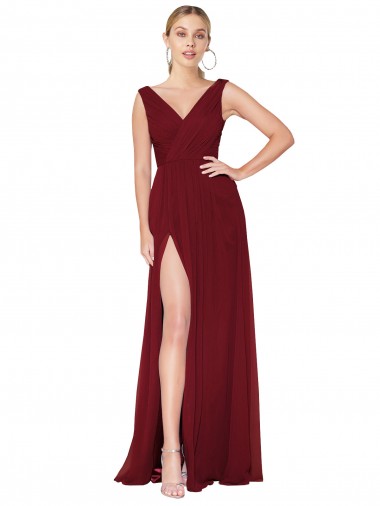 Sem Mangas Decote V Costas em V Chiffon Linha A Borgonha Vestido de Madrinha
