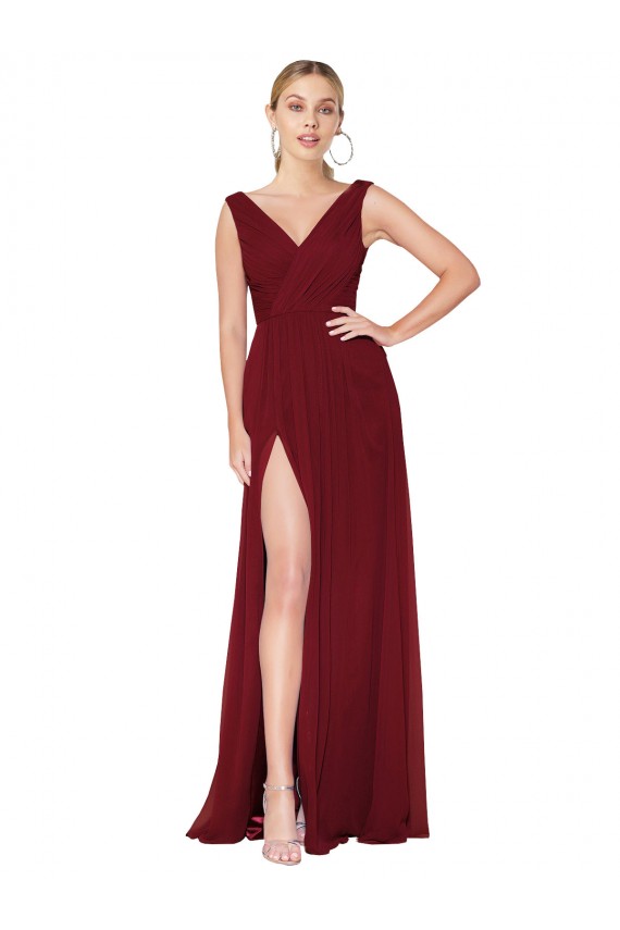 Sem Mangas Decote V Costas em V Chiffon Linha A Borgonha Vestido de Madrinha