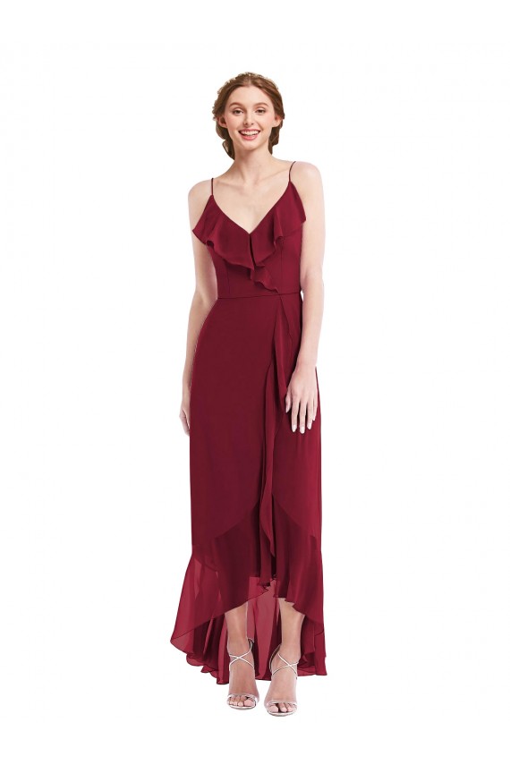 Sem Mangas Alças finas Lombar Chiffon Linha A Alto Baixo, Vestidos de Madrinha