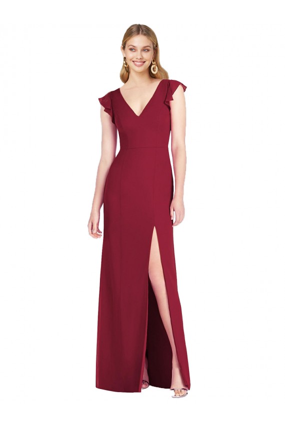 Mangas Folhos Decote V Amarrar para trás Chiffon Sereia Vestidos de Madrinha