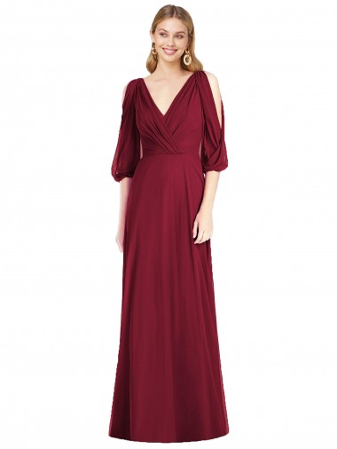 Mangas Sino Decote V Costas em V Chiffon Trombeta Vestidos de Madrinha