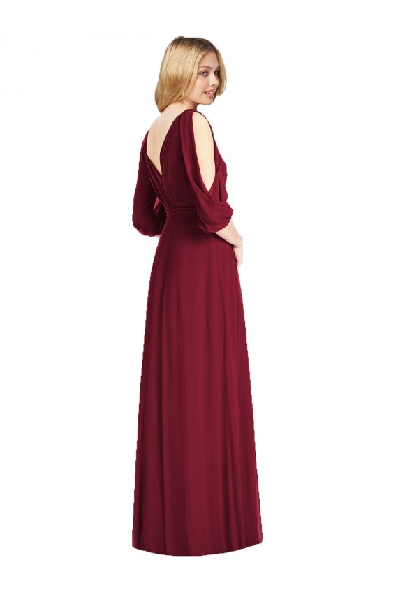 Mangas Sino Decote V Costas em V Chiffon Trombeta Vestidos de Madrinha