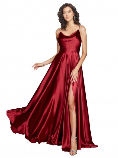 Sem Mangas Alças finas Lombar Cetim Sedoso Linha A Borgonha Longo Vestidos de Madrinha / Vestidos de Noite / Vestidos de Festa