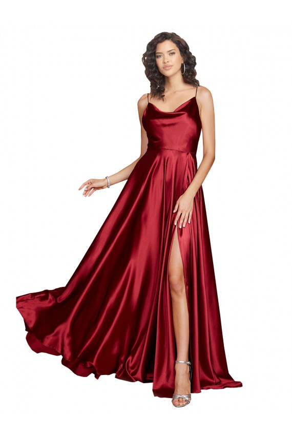 Sem Mangas Alças finas Lombar Cetim Sedoso Linha A Borgonha Longo Vestidos de Madrinha / Vestidos de Noite / Vestidos de Festa