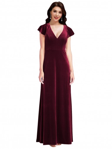 Mangas Esvoaçantes Decote V Veludo Elástico Linha A Vestidos de Madrinha / Vestidos de Festa