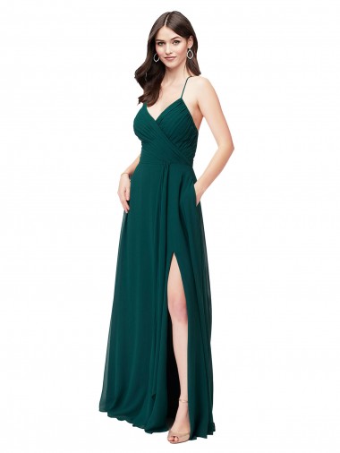 Sem Mangas Decote V Criss Cruz Chiffon Linha A Longo Caçador Verde Vestidos de Madrinha