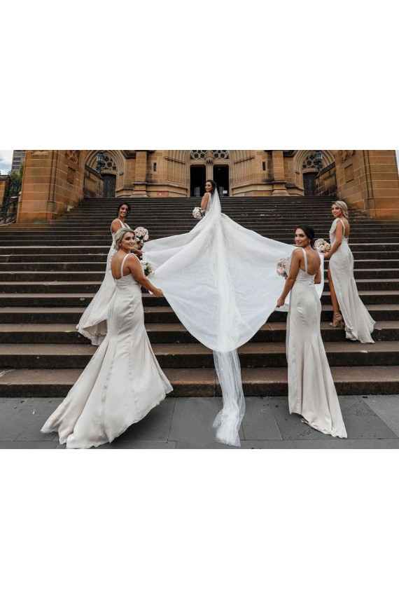 Sem Mangas Decote V Lombar Chiffon Linha A Champanhe Longo Vestidos de Madrinha