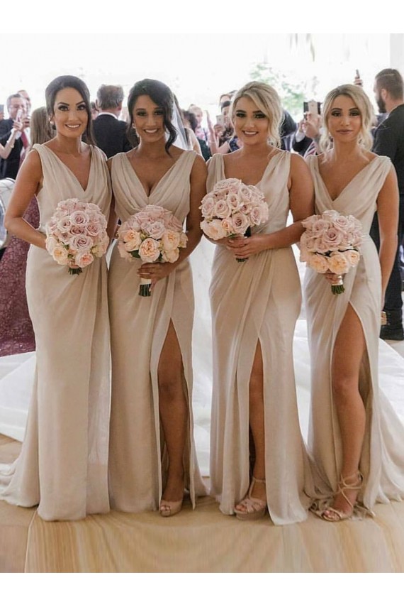 Sem Mangas Decote V Lombar Chiffon Linha A Champanhe Longo Vestidos de Madrinha