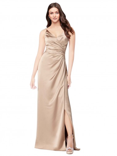 Sem Mangas Alças finas Lombar Cetim Sedoso Linha A Champanhe Rosa Longo Vestidos de Madrinha / Vestidos de Noite / Vestidos de Festa