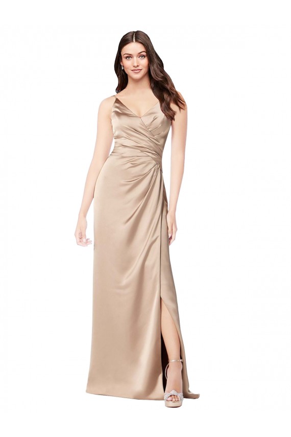 Sem Mangas Alças finas Lombar Cetim Sedoso Linha A Champanhe Rosa Longo Vestidos de Madrinha / Vestidos de Noite / Vestidos de Festa