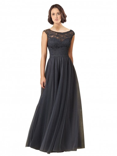 Mangas Curtas Barco Tule & Renda Linha A Vestidos de Madrinha