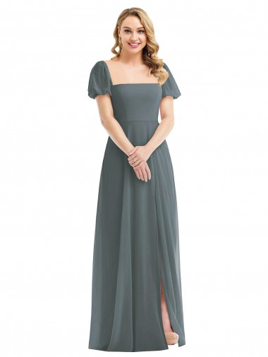 Mangas Bufantes Decote Quadrado Chiffon Linha A Vestidos de Madrinha