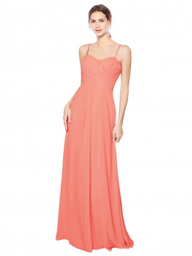 Sem Mangas Alças finas Abrir de volta Chiffon Linha A Coral Longo Vestidos de Madrinha