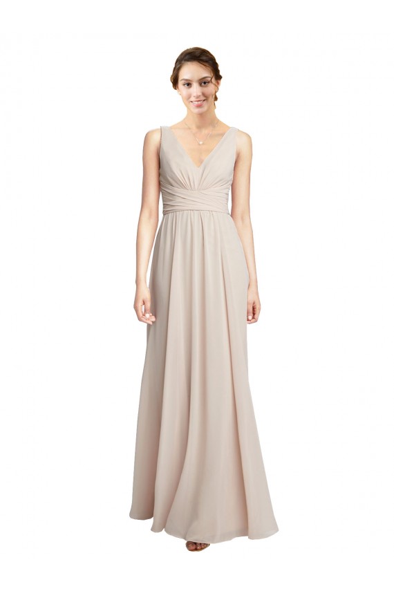 Sem Mangas Decote V Chiffon Linha A Creme Rosa Longo Vestidos de Madrinha