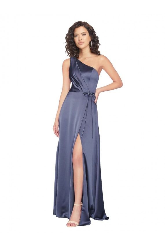 Sem Mangas Um Ombro Cetim Sedoso Linha A Longo Crepúsculo Vestidos de Madrinha / Vestidos de Noite / Vestidos de Festa