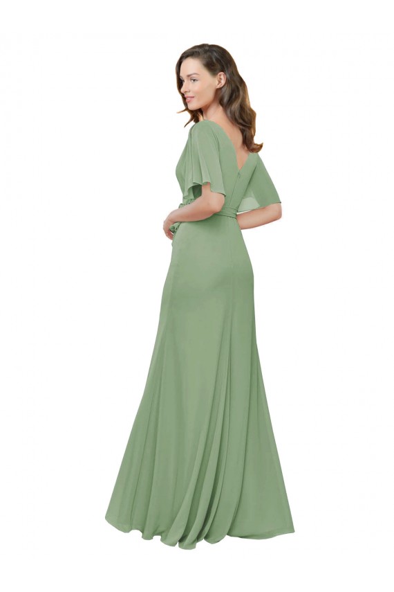 Mangas Esvoaçantes, Mangas Curtas Decote V Chiffon Linha A Longo Vestidos de Madrinha