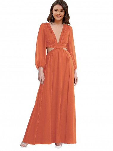 Mangas Compridas, Mangas Bispo Decote V Abrir de volta Chiffon Linha A Alto Baixo, Vestidos de Madrinha