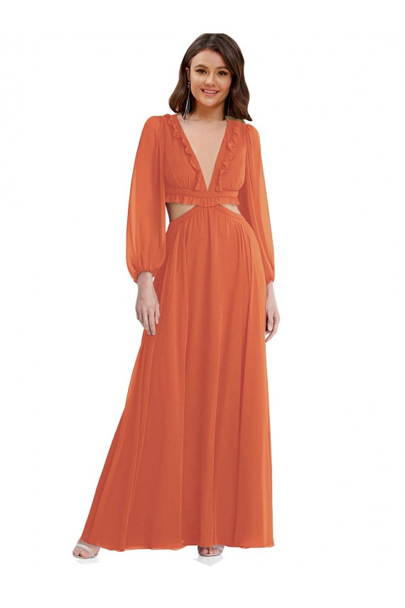 Mangas Compridas, Mangas Bispo Decote V Abrir de volta Chiffon Linha A Alto Baixo, Vestidos de Madrinha