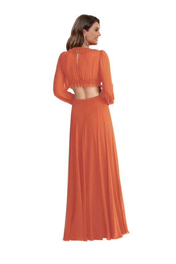 Mangas Compridas, Mangas Bispo Decote V Abrir de volta Chiffon Linha A Alto Baixo, Vestidos de Madrinha