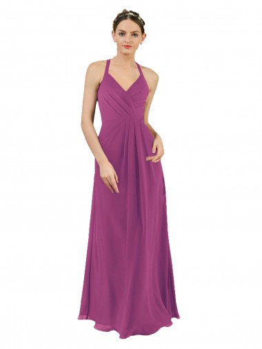 Sem Mangas Decote V Buraco da fechadura Chiffon Bainha Frutos Silvestres Vestidos de Madrinha