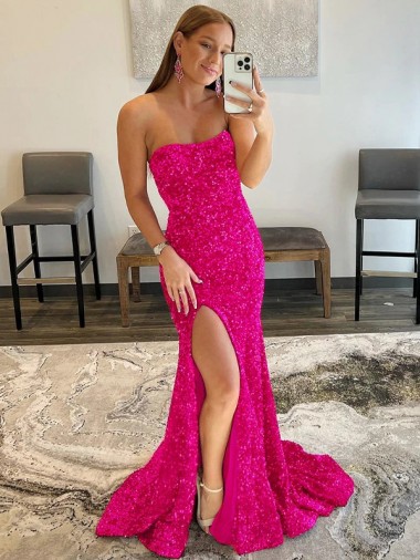 Sem Mangas Sem alças Lantejoulas Veludo Bainha Fúcsia Vestidos de Festa