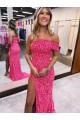 Sem Mangas Um Ombro Lantejoulas Veludo Bainha Fúcsia Longo Vestidos de Festa