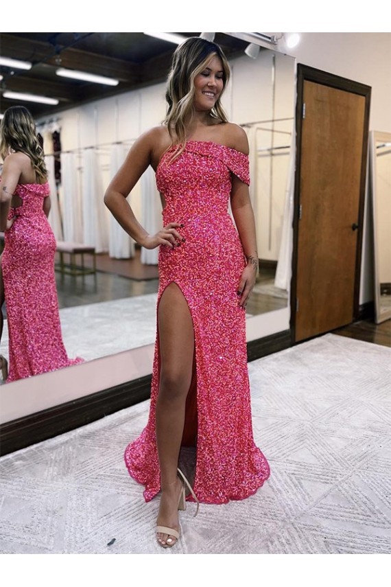 Sem Mangas Um Ombro Lantejoulas Veludo Bainha Fúcsia Longo Vestidos de Festa