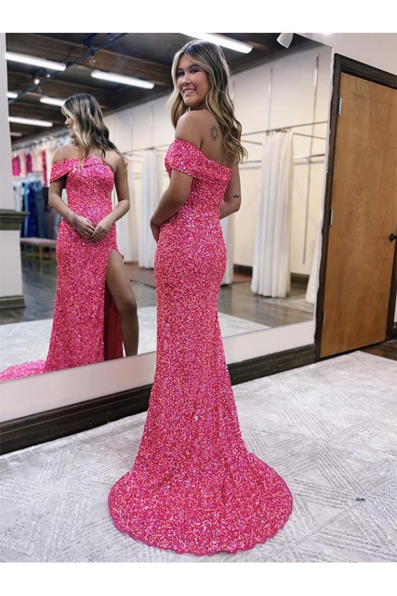 Sem Mangas Um Ombro Lantejoulas Veludo Bainha Fúcsia Longo Vestidos de Festa