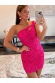 Sem Mangas Um Ombro Lantejoulas Veludo Bainha Fúcsia Curto Vestido de Festa