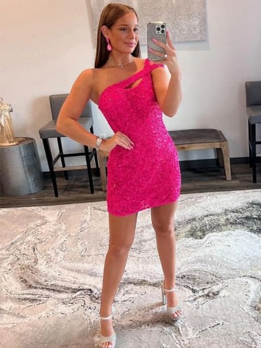 Sem Mangas Um Ombro Lantejoulas Veludo Bainha Fúcsia Curto Vestido de Festa
