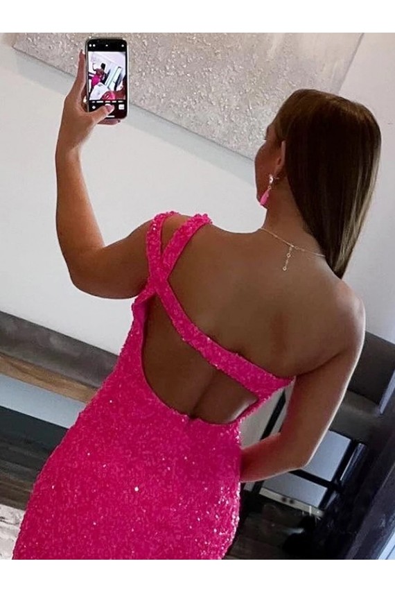 Sem Mangas Um Ombro Lantejoulas Veludo Bainha Fúcsia Curto Vestido de Festa