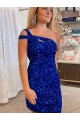 Sem Mangas Um Ombro Lantejoulas Veludo Bainha Fúcsia Curto Vestido de Festa