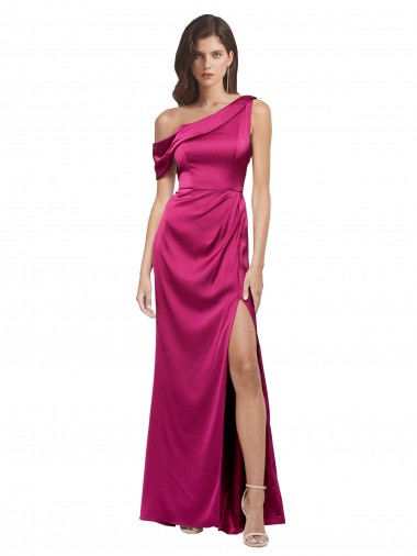 Sem Mangas Um Ombro Cetim Elástico Linha A Longo Fúcsia Vestidos de Madrinha / Vestidos de Noite / Vestidos de Festa