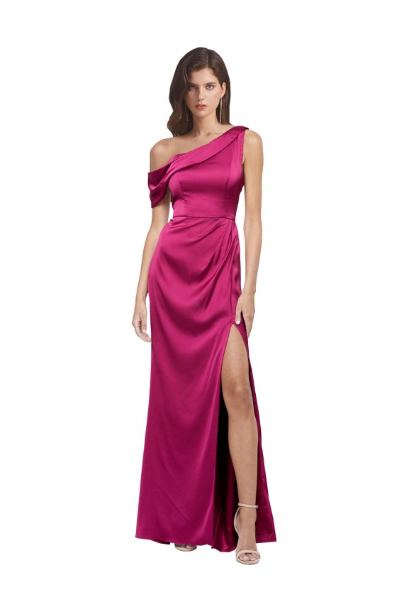 Sem Mangas Um Ombro Cetim Elástico Linha A Longo Fúcsia Vestidos de Madrinha / Vestidos de Noite / Vestidos de Festa