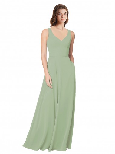 Sem Mangas Amor Abrir de volta Chiffon Linha A Fumo Verde Longo Vestidos de Madrinha