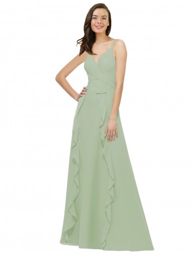 Sem Mangas Alças finas Chiffon Linha A Fumo Verde Longo Vestidos de Madrinha