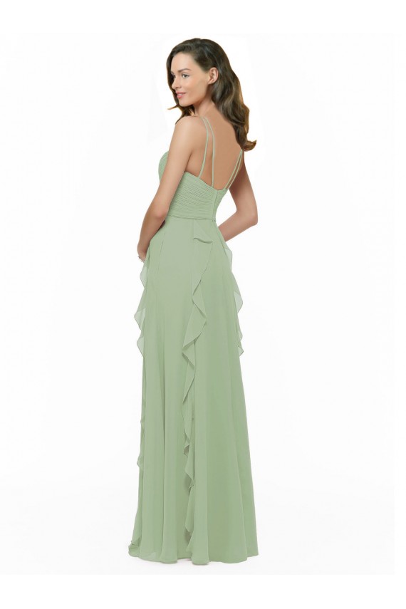 Sem Mangas Alças finas Chiffon Linha A Fumo Verde Longo Vestidos de Madrinha