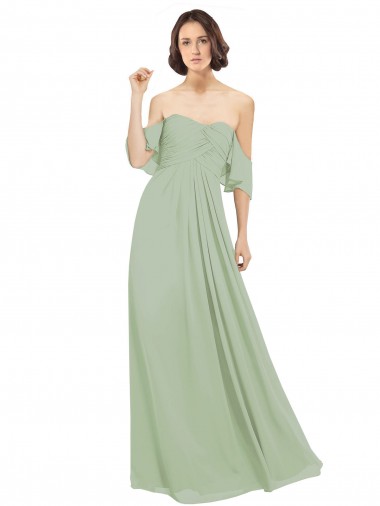 Ombro Frio Fora do Ombro Chiffon Linha A Fumo Verde Vestidos de Madrinha