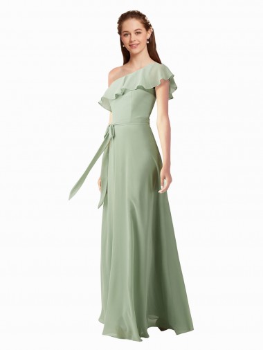 Mangas Esvoaçantes Um Ombro Chiffon Linha A Vestidos de Madrinha
