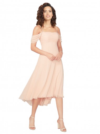 Ombro Frio Decote Quadrado Lombar Chiffon Linha A Vestidos de Madrinha