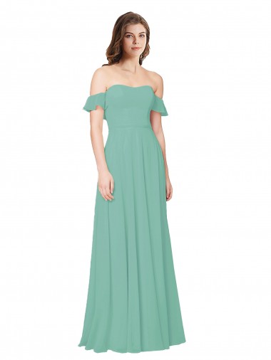 Mangas Folhos Fora do Ombro Abrir de volta Chiffon Linha A Vestidos de Madrinha