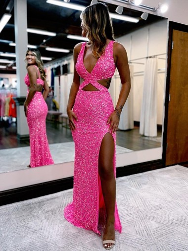 Sem Mangas Decote V Lantejoulas Veludo Bainha Vestido de Festa / Vestido de Madrinha